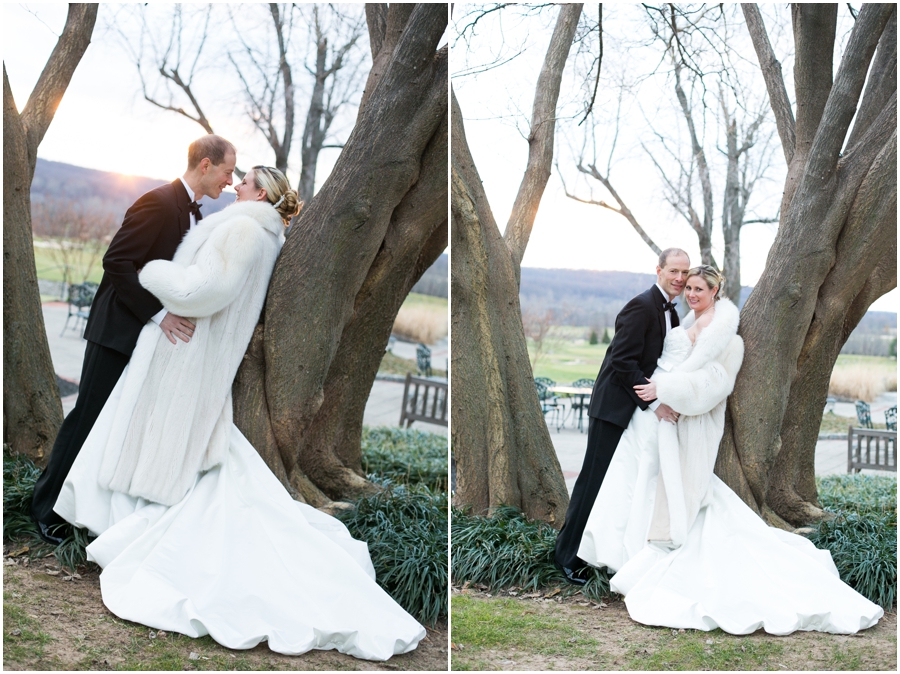 Hayfield Winter Wedding Photographer - bride and groom in tree at sunset