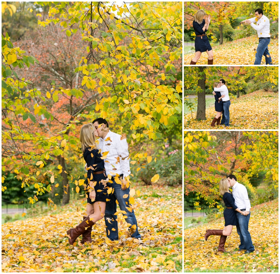 Yellow leaf fight - Morris Arboretum Engagement - PA Engagement Photographer