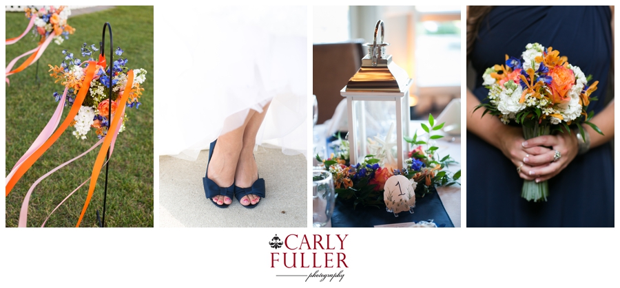 ocean city maryland wedding - table decorations - blue shoes - orange red ribbon