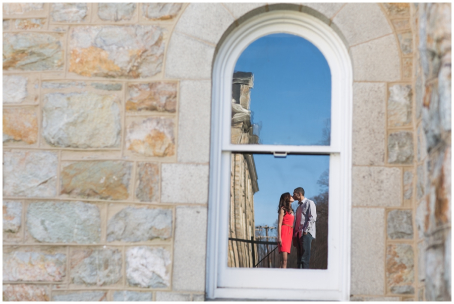 Church Window Reflection - Mount St Marys Campus Engagement Photography