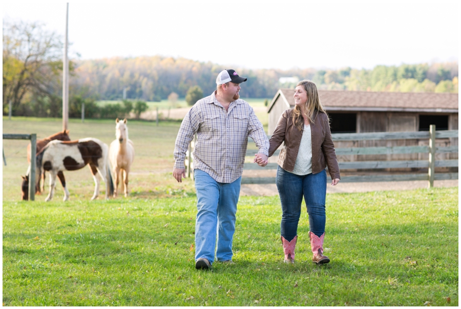 Autumn Farm Engagement Photographs - Fall Farm Engagement Photographer - Pink cowgirl boots