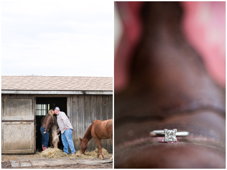 Horses & Farm Engagement Photographs - Fall Engagement Photographer - PInk cowgirl boot engagement ring photo