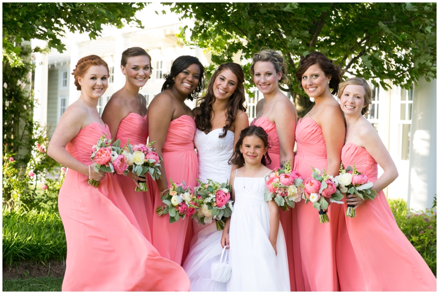 Chesapeake Bay Beach Club Wedding Photographer - Waterfront Wedding Photographer - Coral bridesmaid dress