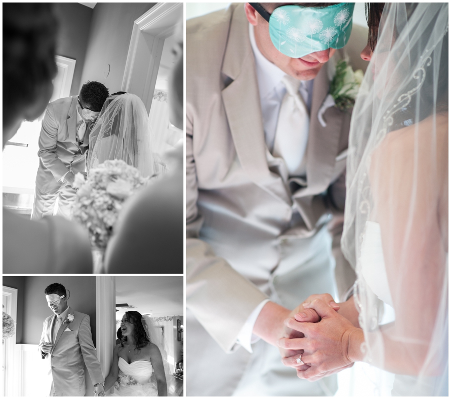 First Look - Bride and groom prayer - Beach House Wedding - Waterfront Bridal Portrait