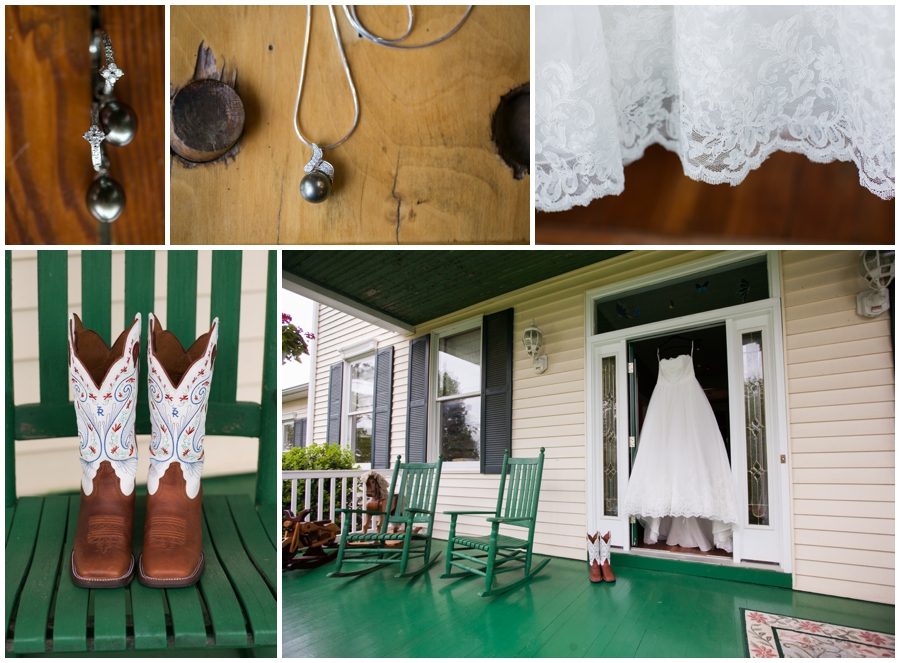 Country rustic wedding details- bride cowgirl boots - Davidsonville Farm Wedding Photographer