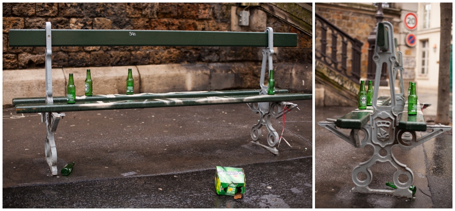 American Photographer in Paris - Green Bottles on Bench - Paris France