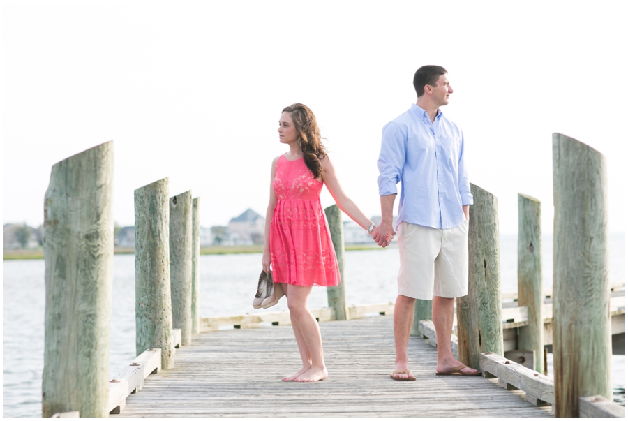 Ocean City Engagement Photographer - Coral Dress -lifestyle editorial engagement photograph on a pier