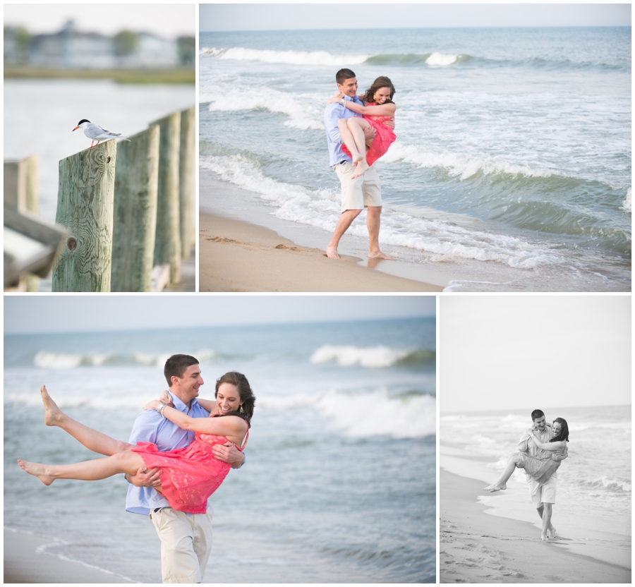 Ocean City Engagement Photographer - Coral Dress -lifestyle editorial engagement photograph on a beach