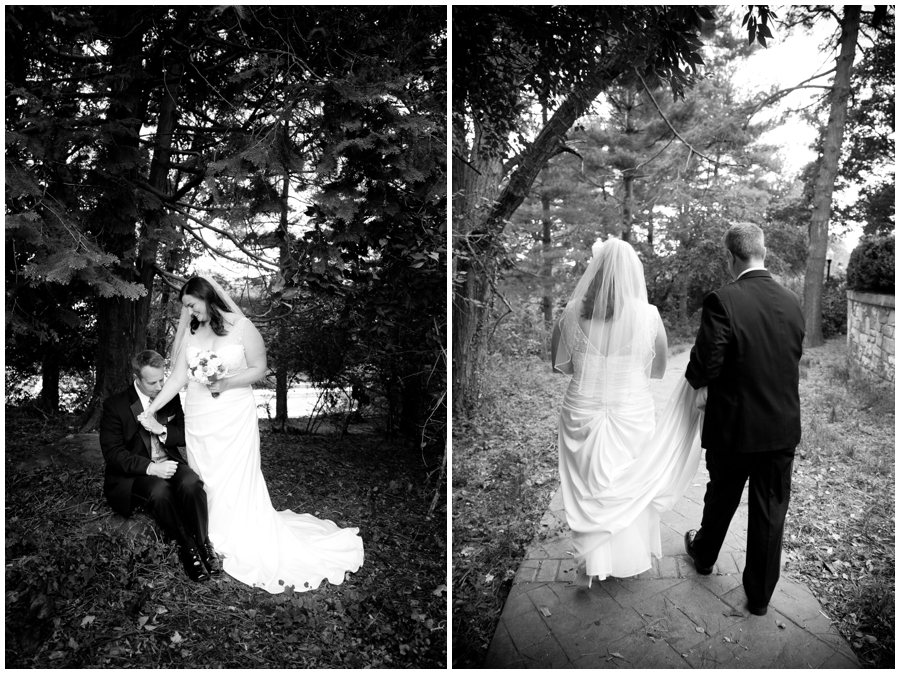 Black and white wedding photograph - Bride and groom under trees