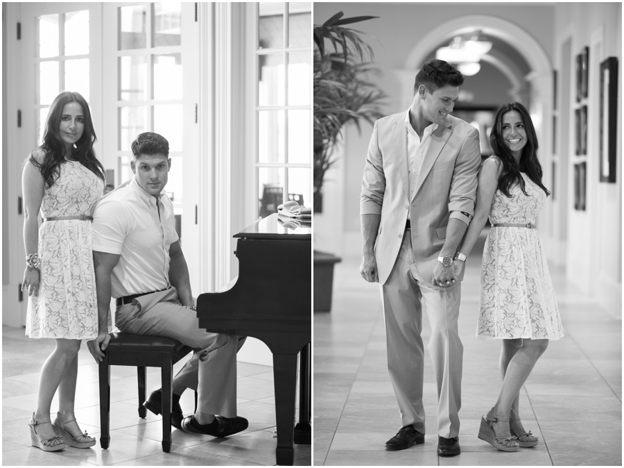 Sunset Engagement Photographer - black and white couple with piano - Havre de Grace Country club engagement photography