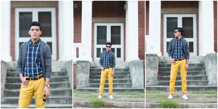 Euro inspired men's fashion for engagement photographs - mustard pants - jcrew - ray ban sunglasses