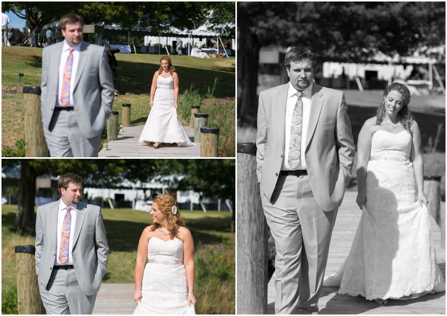 Rustic Solomons Island Wedding Photographer - First Look on a dock