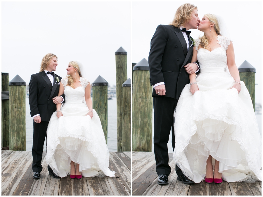 City Dock Annapolis Wedding Photographer - Winter waterfront wedding - pink bridal shoes