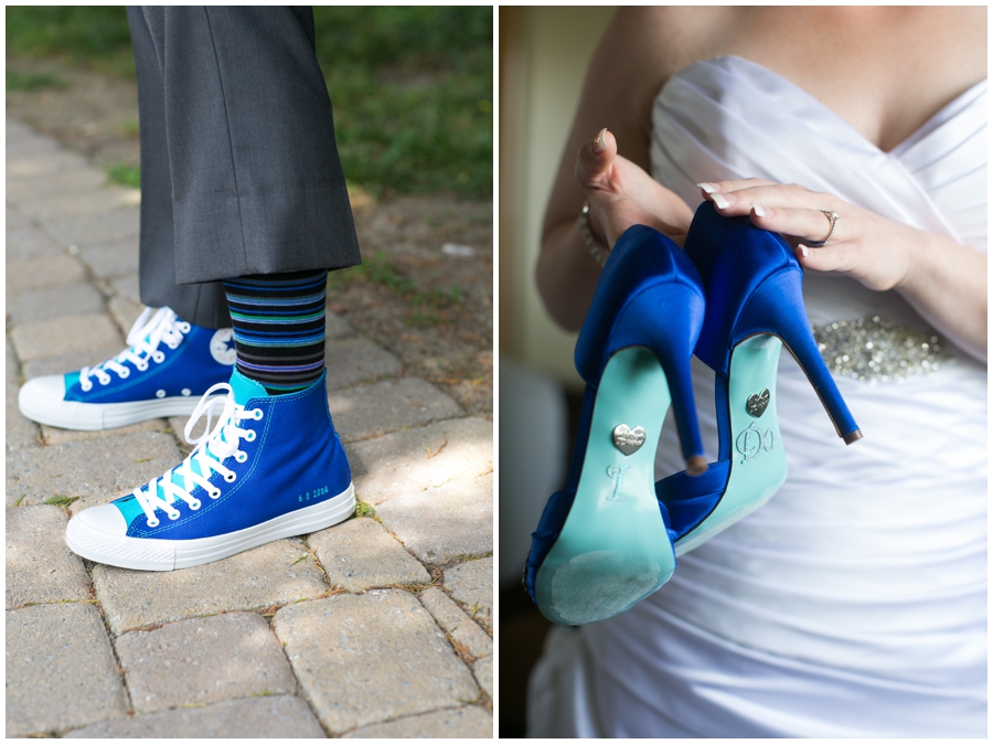 Herrington on the Bay Wedding Photorapher - Waterfront Wedding Details - Converse Groom Shoe - Badgley Mischka Blue Bridal Shoe