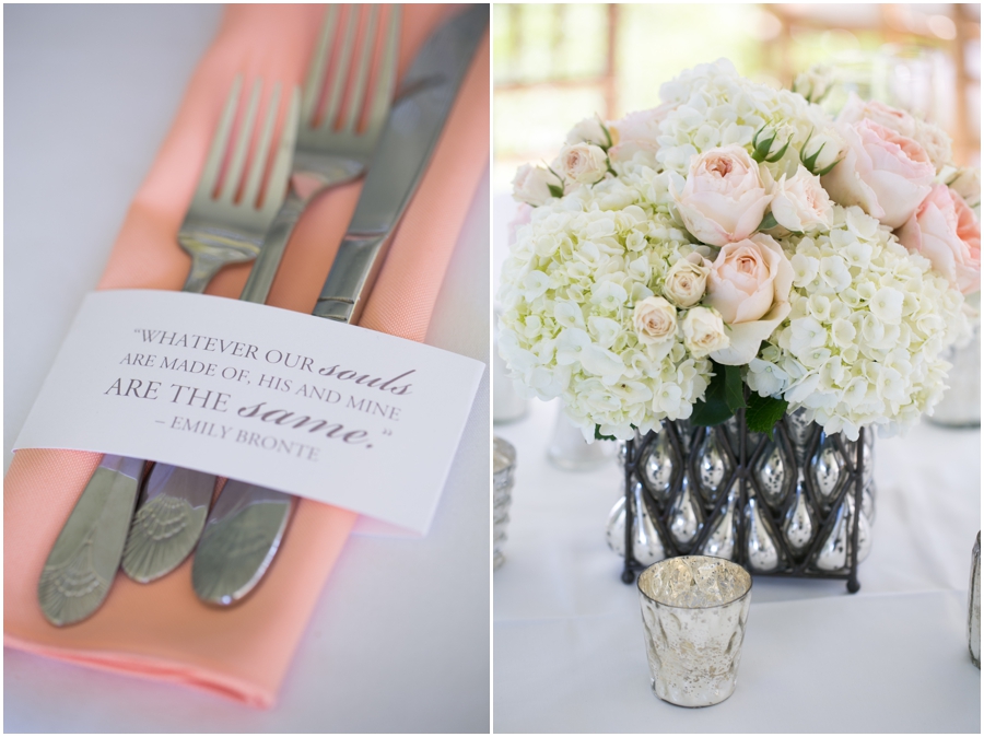 Kent Manor Inn Tented Wedding details - Intrigue Design & Decor Coral Florals