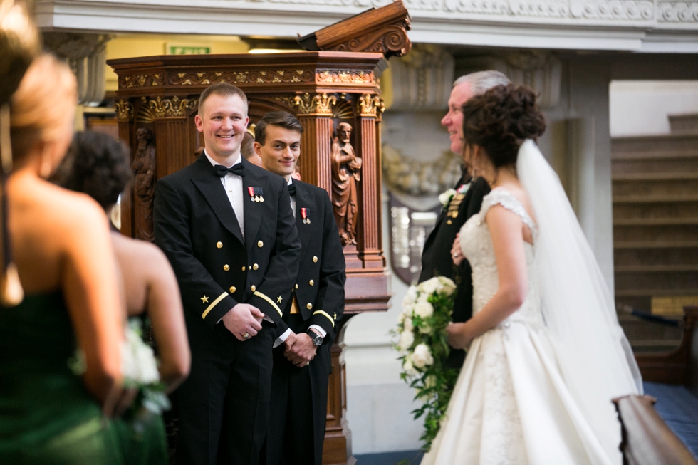 Having a First Look - Wedding Photographers in USNA Chapel