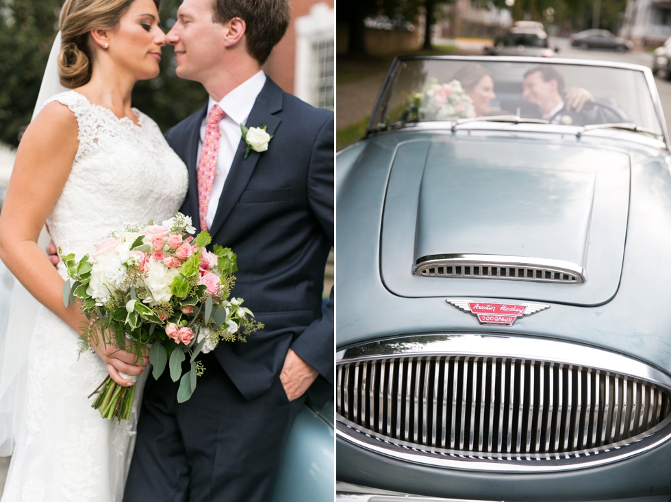 Vintage Car wedding couple - Philadelphia wedding photographers at Widehall