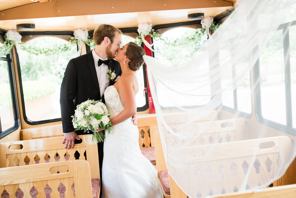 wedding couple on the Annapolis Trolley at the Chesapeake Bay Beach Club