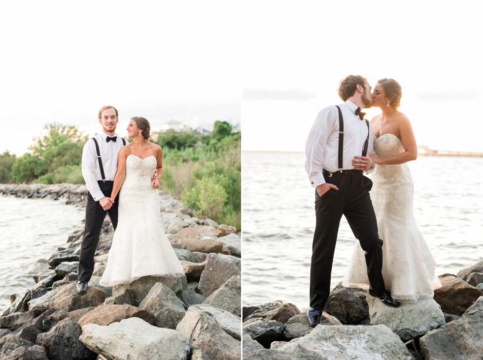 Couple on the rocks at sunset for a shore Wedding by Philadelphia wedding photographer