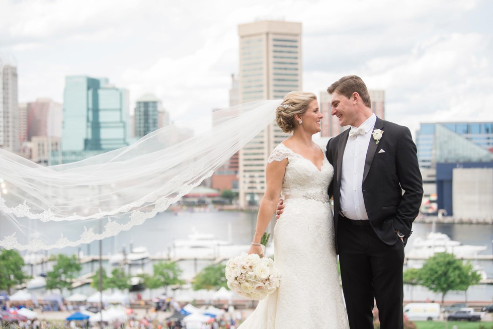 couple overlooking the Baltimore harbor at Marriott Hotel wedding