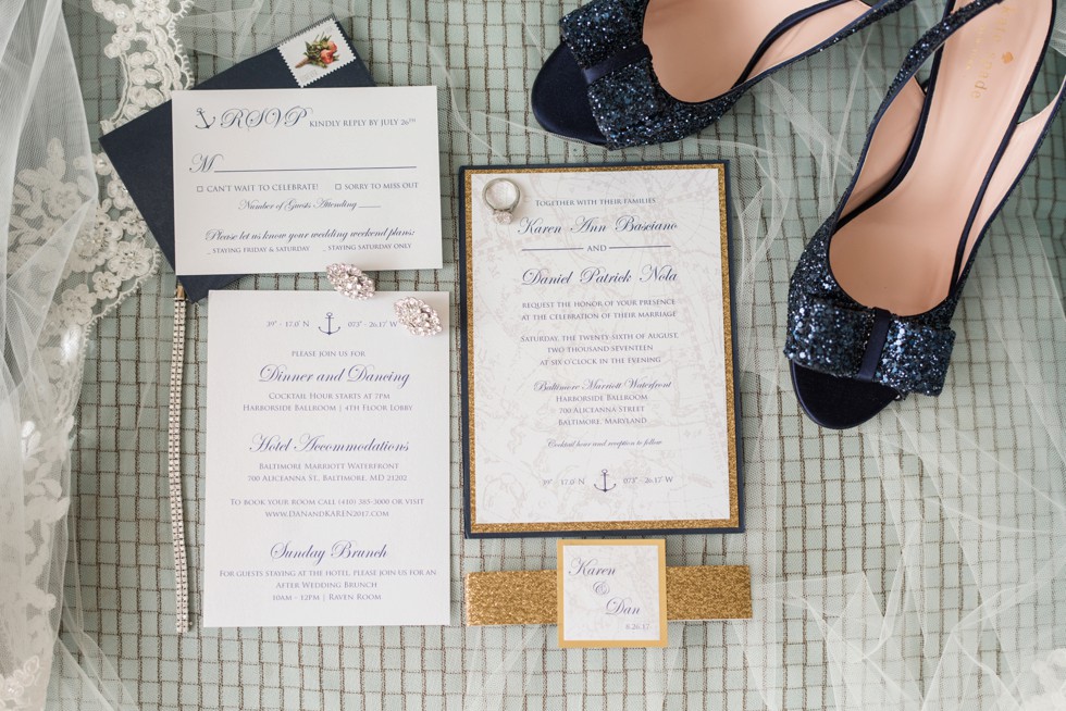 wedding invitations with navy and gold