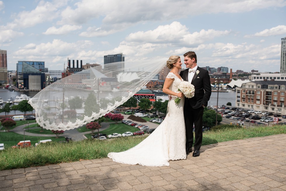 Federal Hill wedding photo with cathedral veil