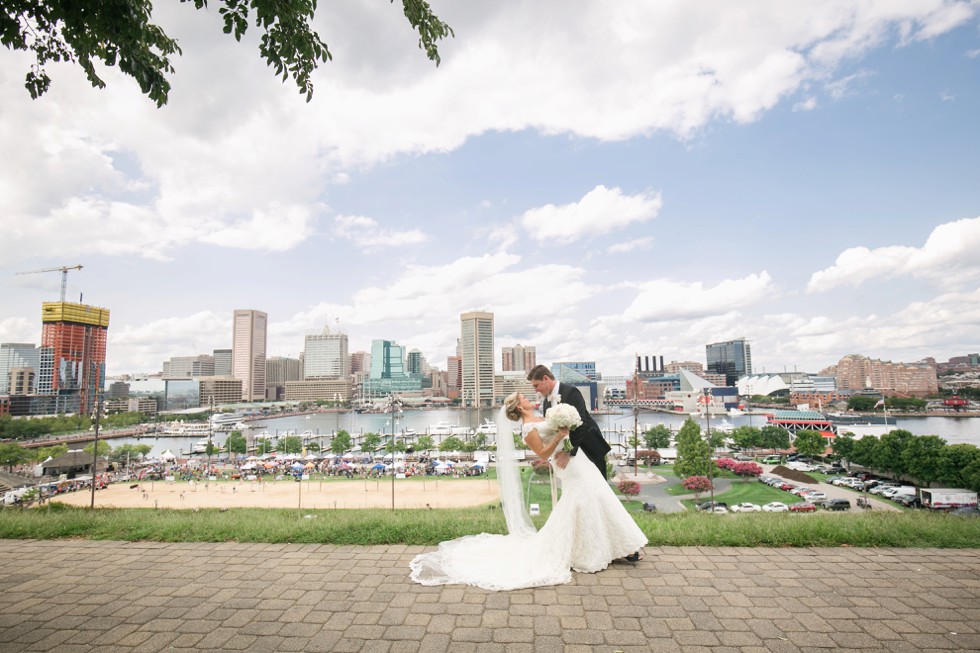 Federal Hill wedding photo with cathedral veil and Kleinfeld's wedding dress