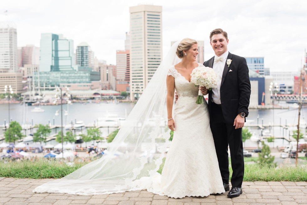 Federal Hill wedding photo with cathedral veil and Kleinfeld's wedding dress