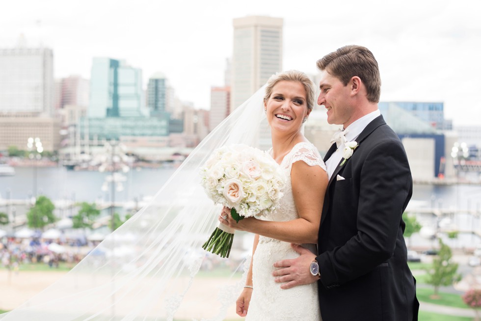 Federal Hill wedding photo with cathedral veil and Kleinfeld's wedding dress