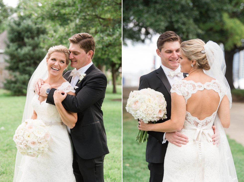 Bride and groom on federal Hill park for wedding photos