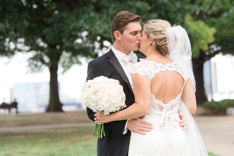 Bride and groom on federal Hill park for wedding photos