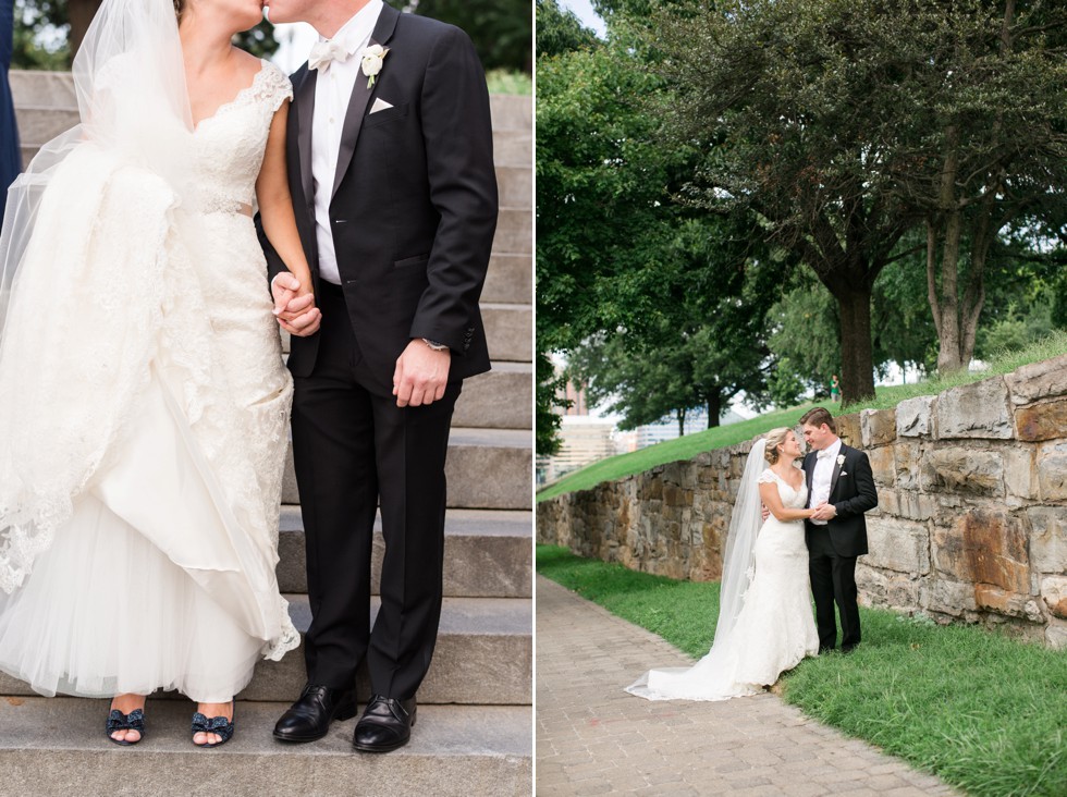 Bride and groom on federal Hill park for wedding photos