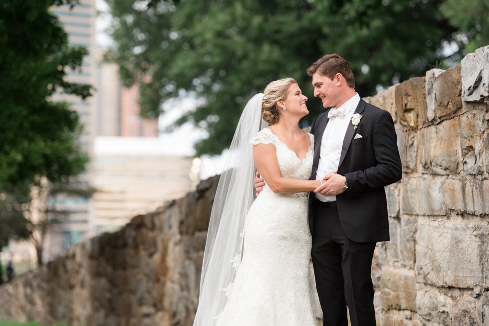 Bride and groom on federal Hill park for wedding photos