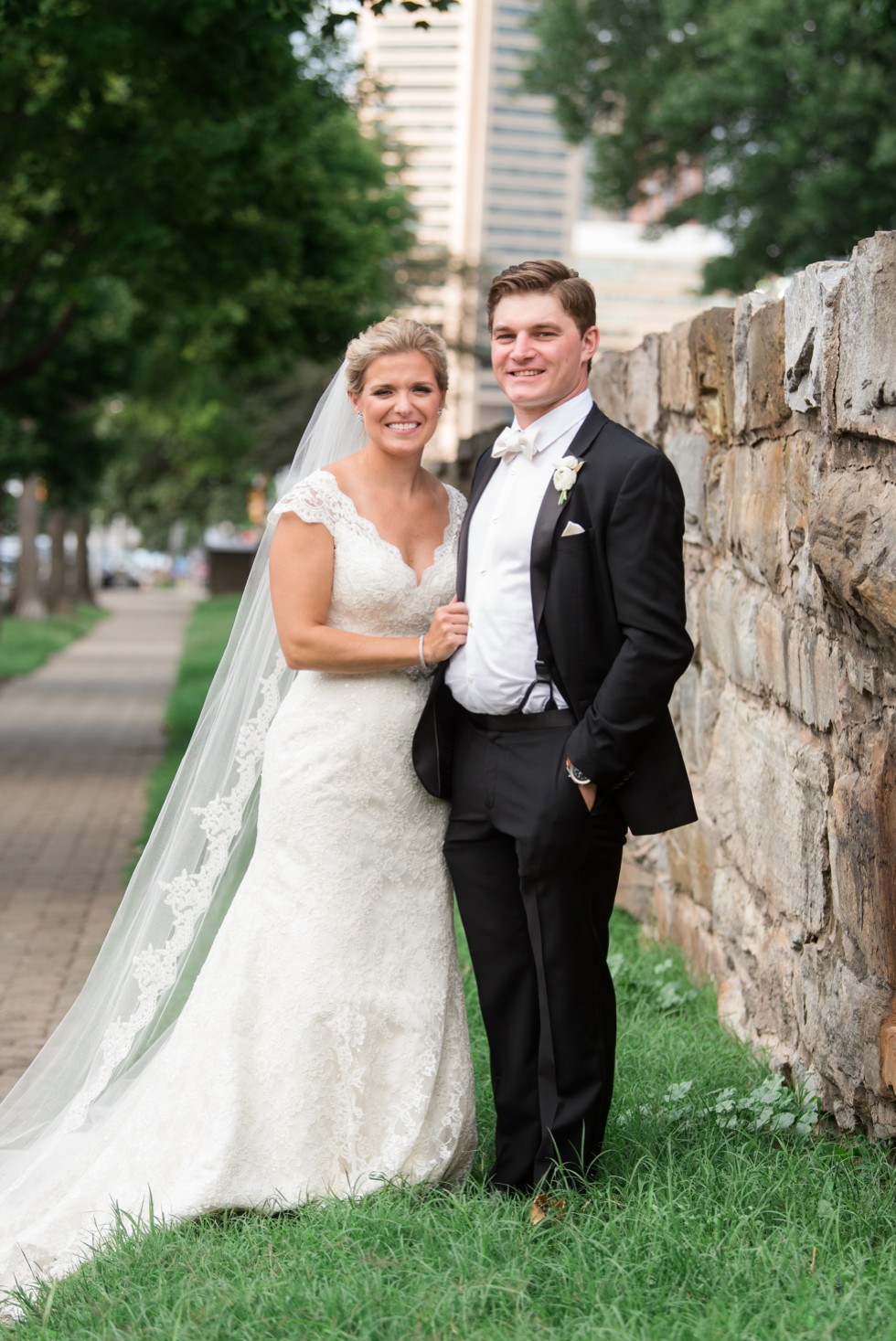 Bride and groom on federal Hill park for wedding photos