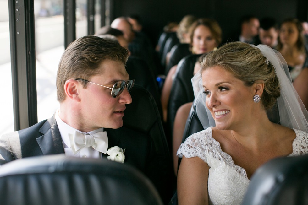 bus with bride and groom from Federal Hill to Marriott Baltimore