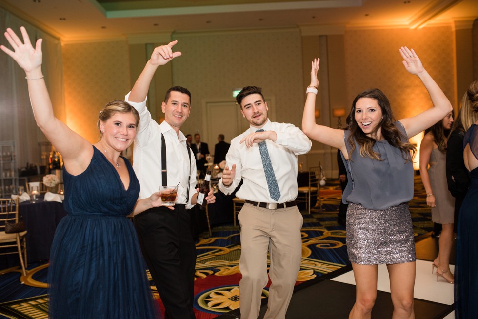 dancing group reception photos at a Marriott Hotel wedding