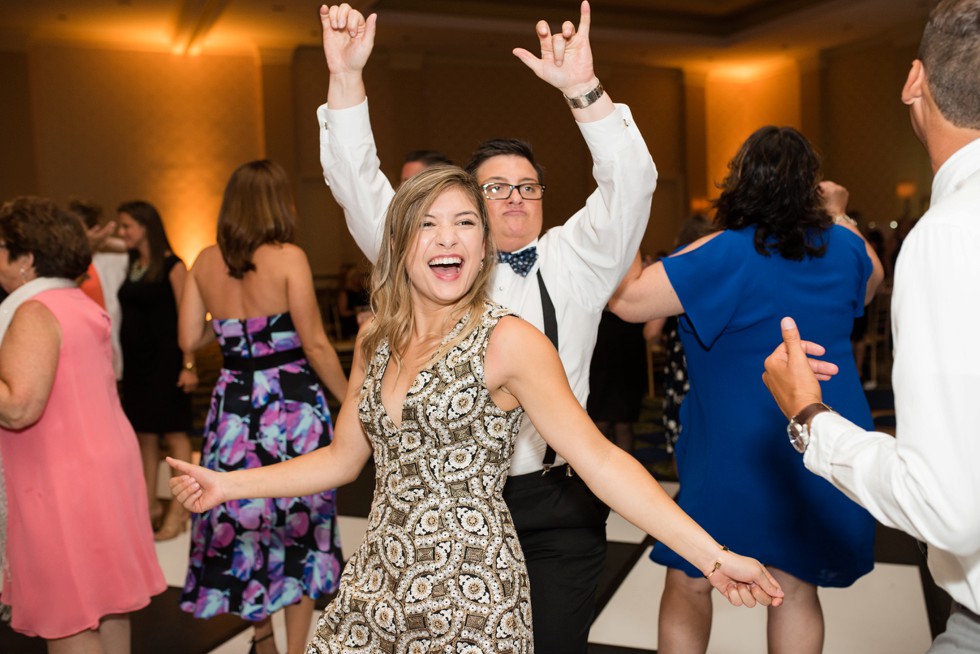 dancing group reception photos at a Marriott Hotel wedding