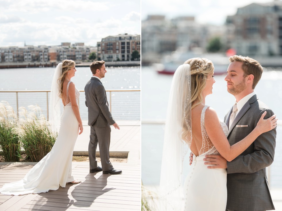 Four Seasons Hotel bride and groom first look bride wearing a martina liana dress, groom wearing a M. Stein & Company Tuxedo