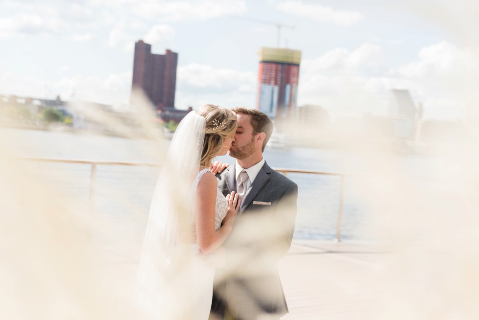 Four Seasons Hotel bride and groom first look bride wearing a martina liana dress, groom wearing a M. Stein & Company Tuxedo