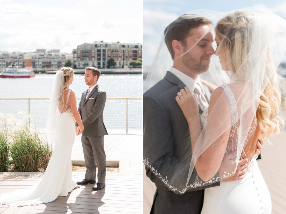 Four Seasons Hotel wedding photos in a martina liana bridal dress, groom wearing a M. Stein & Company Tuxedo