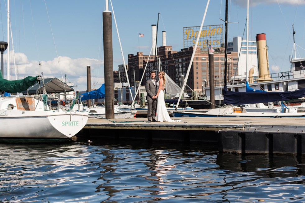 Baltimore Museum of Industry bride and groom wedding portrait on the Baltimore Harbor