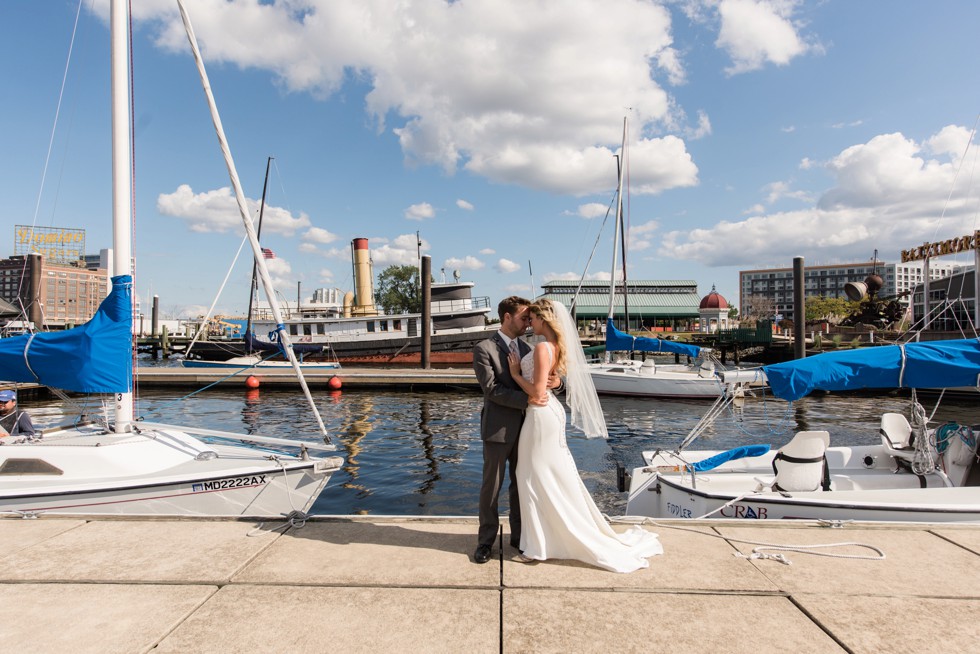 Baltimore Museum of Industry bride and groom wedding portrait on the Baltimore Harbor