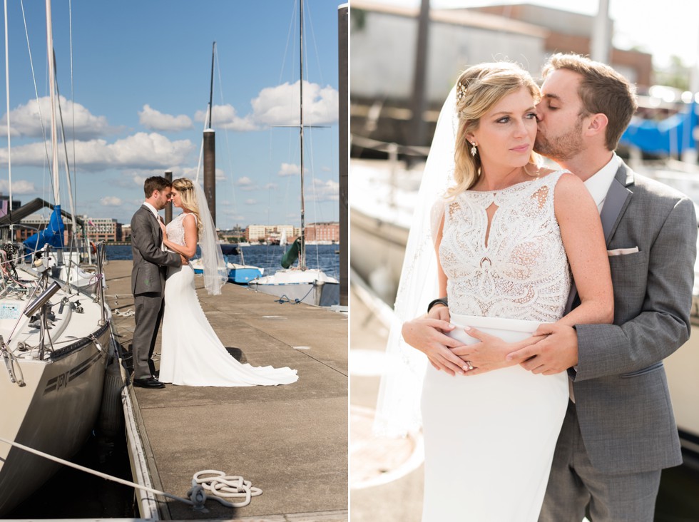 Baltimore Museum of Industry wedding photos with a sailboat on the baltimore harbor