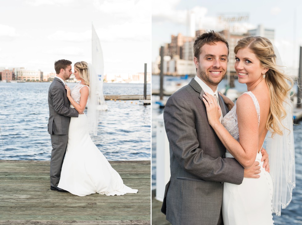 Baltimore Museum of Industry wedding photos with a sailboat on the baltimore harbor