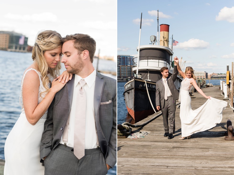 Baltimore Museum of Industry wedding photos with a sailboat on the baltimore harbor