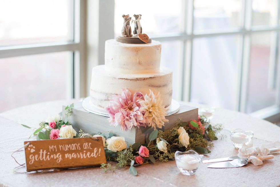 Naked wedding cake with two dogs toppers "we do too" Scentsational Florals