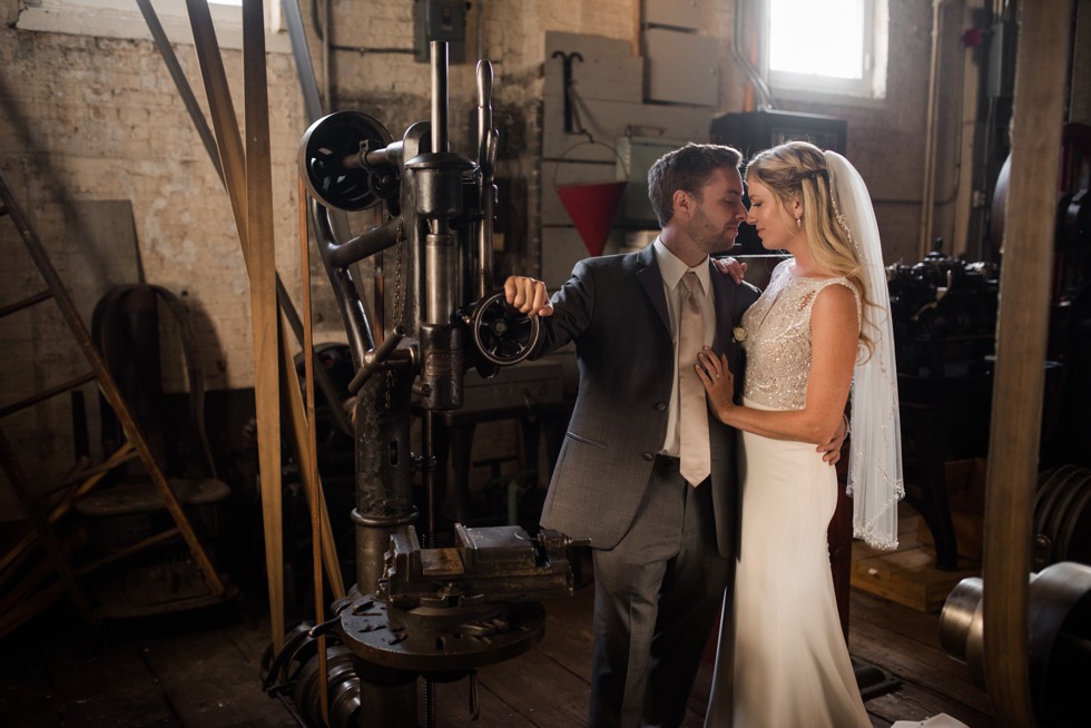 Newlyweds in the steel room at baltimore museum of Industry