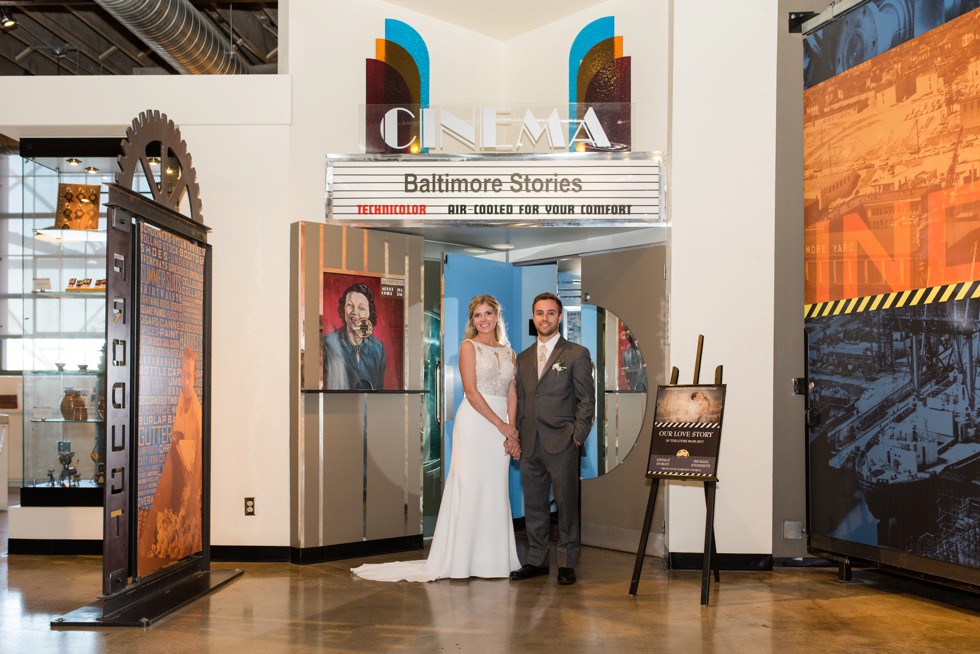 Newlyweds in front of their movie at baltimore museum of Industry