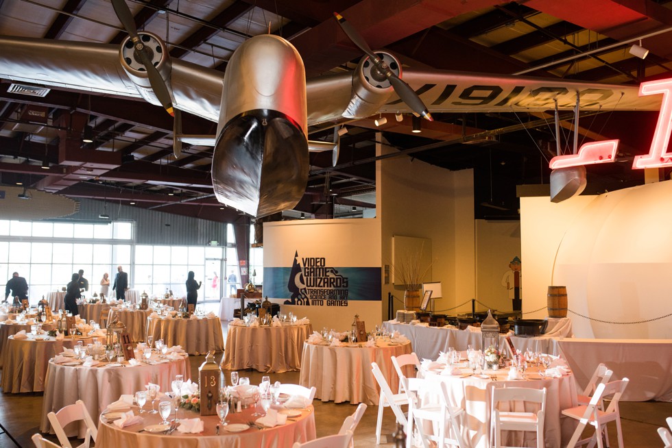 Airplanes and table decorations at Baltimore Museum of industry