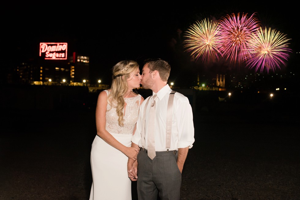 Baltimore Museum of Industry night photo of the newlyweds in front of Fireworks